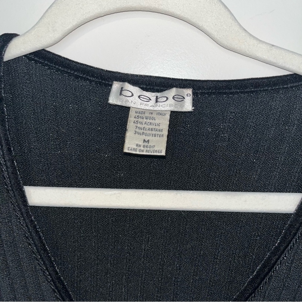 Bebe Black Ribbed V-Neck Wool Blend Cardigan Vintage Y2K - Picture 2 of 4